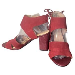 FRANCO SARTO L-Gem Burgundy Suede Ankle Strap Block Heel Tie Back Sandals Sz 9.5